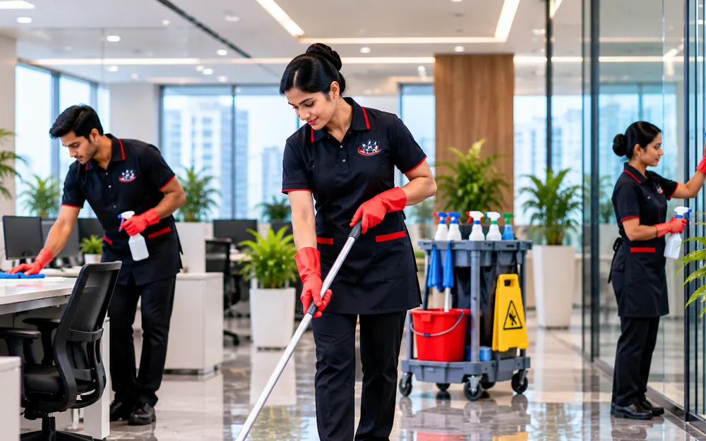 Housekeeping Services team at work for offices in Manyata Tech Park, Bangalore