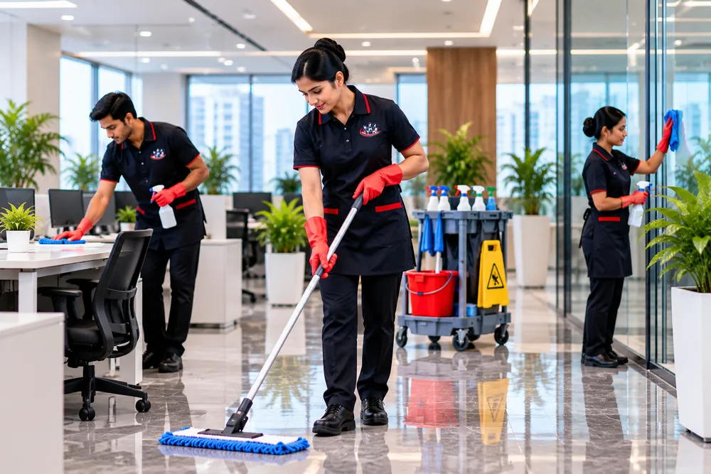 Vucare housekeeping staff mopping the floor of a Bangalore office