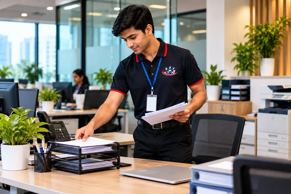 Vucare office boy carrying files and documents inside a Bangalore office