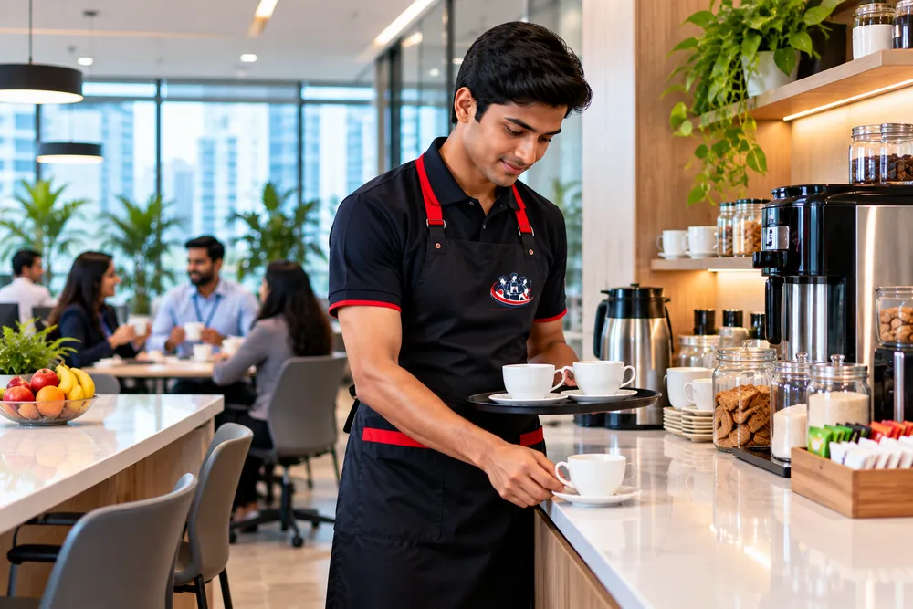 Vucare pantry boy preparing tea and coffee at an office pantry in Bangalore